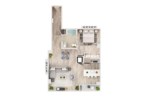 Floor plan for 1 bed, 1 bath, 929 sqft